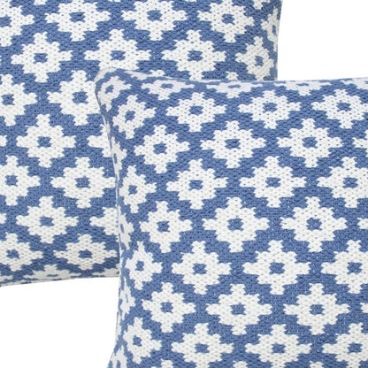 Set of Two 20" Blue And White Geometric Cotton Blend Throw Pillows