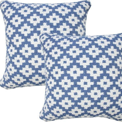 Set of Two 20" Blue And White Geometric Cotton Blend Throw Pillows