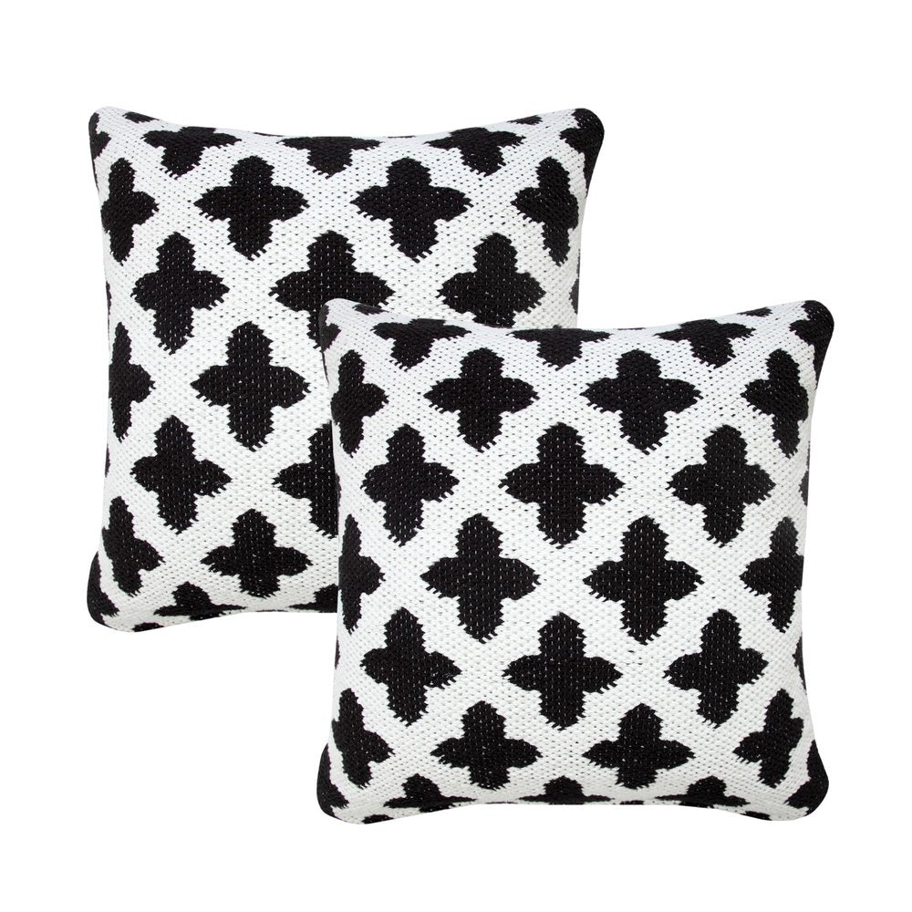 Set of Two 20" White And Black Geometric Cotton Blend Throw Pillows
