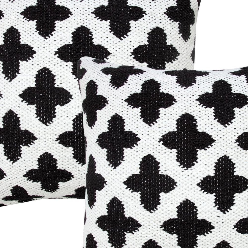 Set of Two 20" White And Black Geometric Cotton Blend Throw Pillows