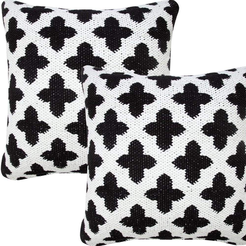 Set of Two 20" White And Black Geometric Cotton Blend Throw Pillows