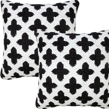 Set of Two 20" White And Black Geometric Cotton Blend Throw Pillows