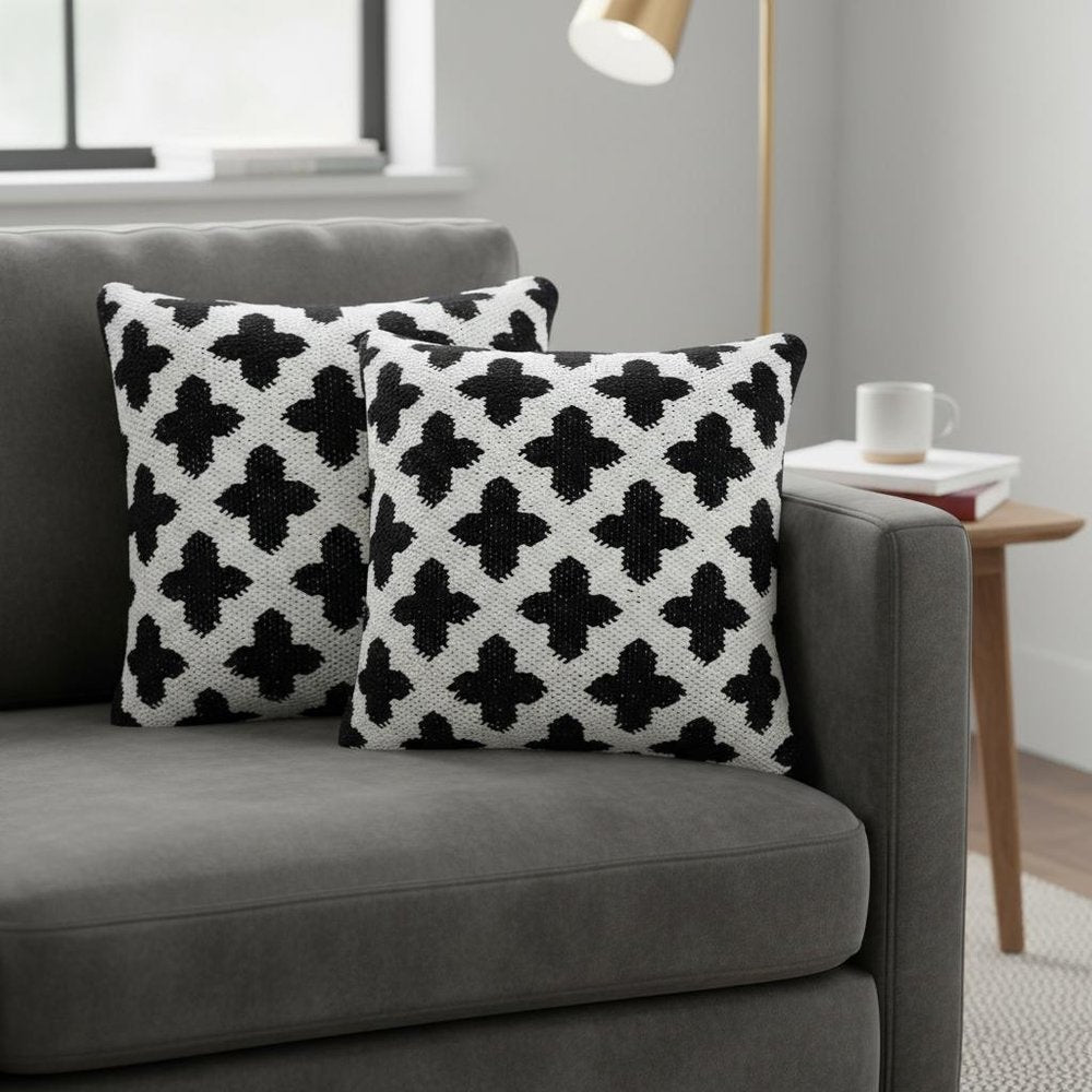 Set of Two 20" White And Black Geometric Cotton Blend Throw Pillows — view 4