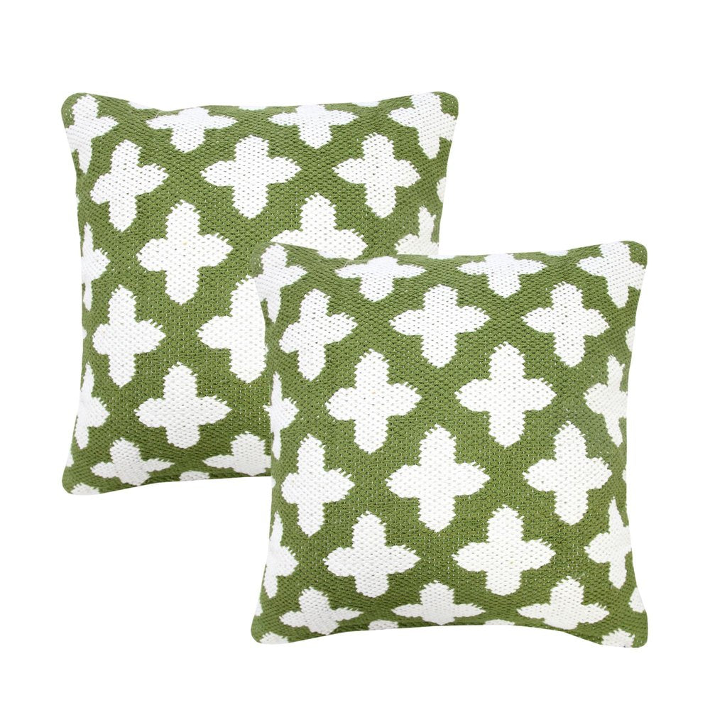 Set of Two 20" Green And White Geometric Cotton Blend Throw Pillows — view 1