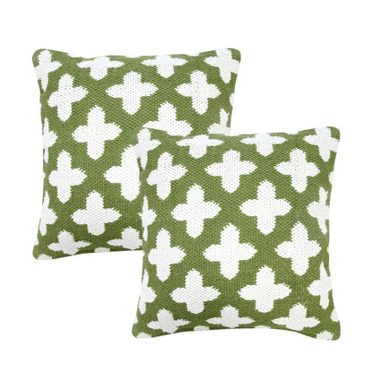 Set of Two 20" Green And White Geometric Cotton Blend Throw Pillows
