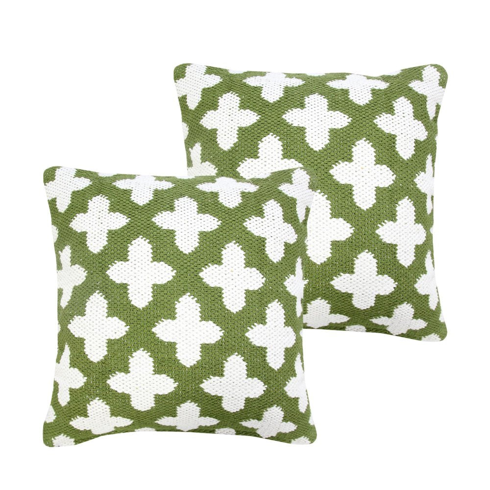 Set of Two 20" Green And White Geometric Cotton Blend Throw Pillows — view 2
