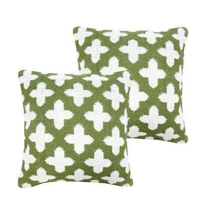 Set of Two 20" Green And White Geometric Cotton Blend Throw Pillows