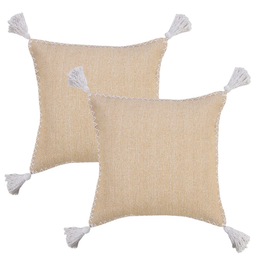 Set of Two 20" Tan And White Cotton Throw Pillows — view 1