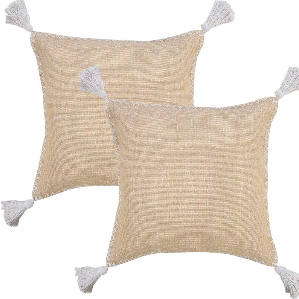 Set of Two 20" Tan And White Cotton Throw Pillows — view 2