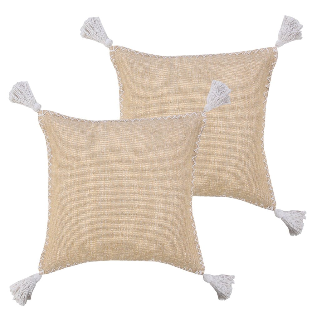 Set of Two 20" Tan And White Cotton Throw Pillows — view 3