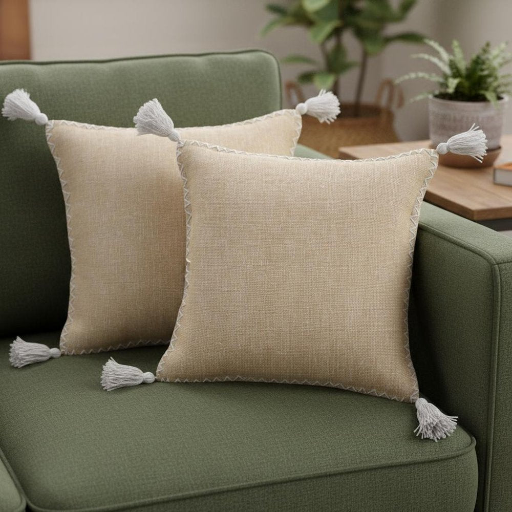 Set of Two 20" Tan And White Cotton Throw Pillows — view 4