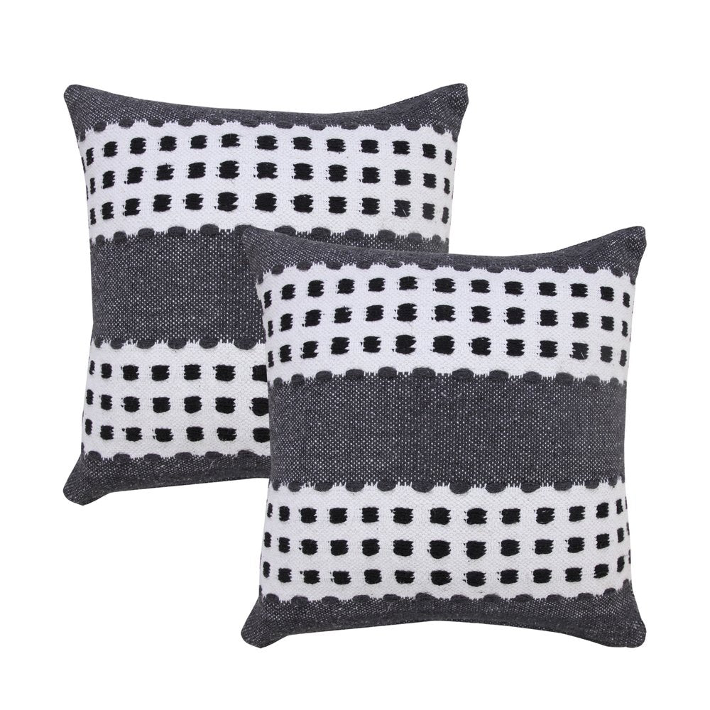 Set of Two 20" Black Gray And White Striped Cotton Throw Pillows