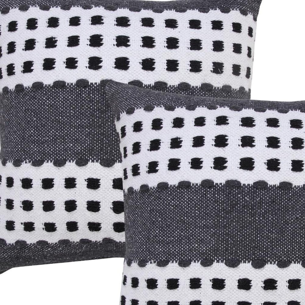 Set of Two 20" Black Gray And White Striped Cotton Throw Pillows