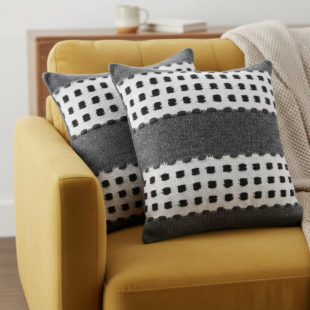 Set of Two 20" Black Gray And White Striped Cotton Throw Pillows — view 4