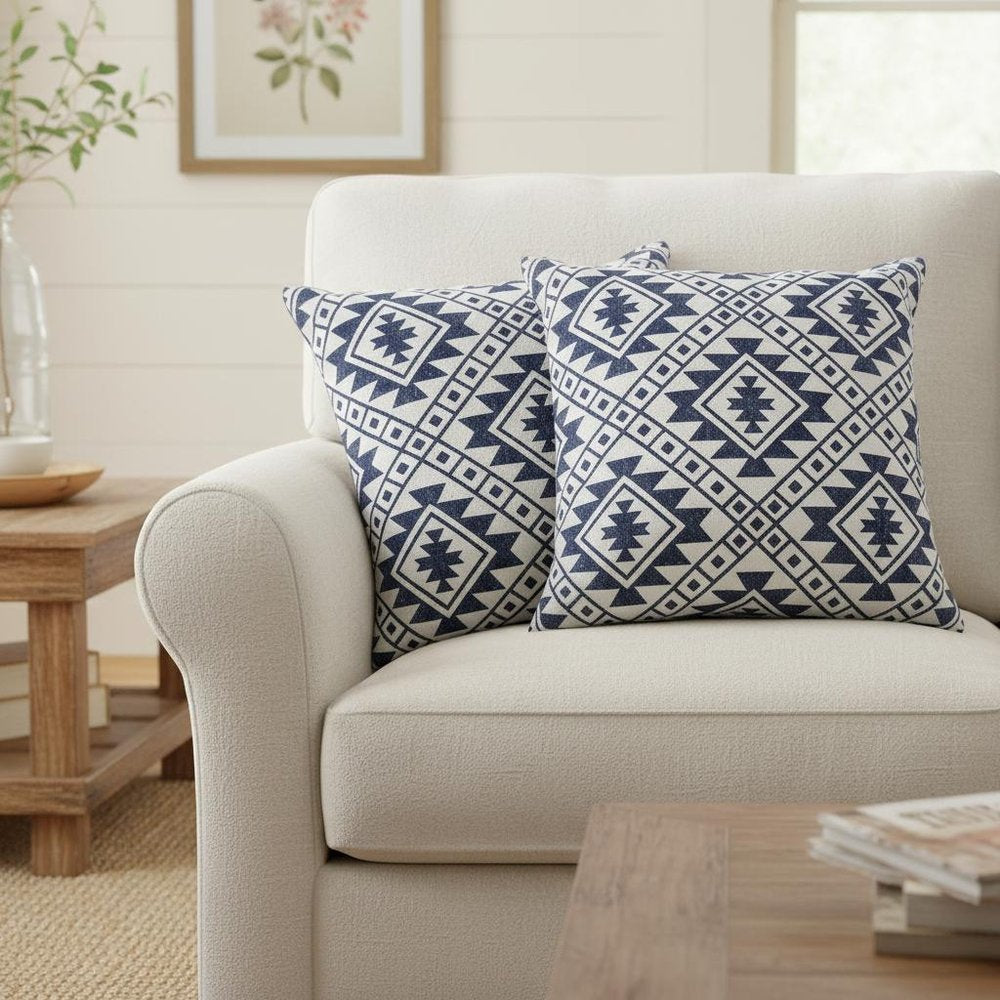 Set of Two 20" Navy Blue And Beige Geometric Cotton Throw Pillows — view 11