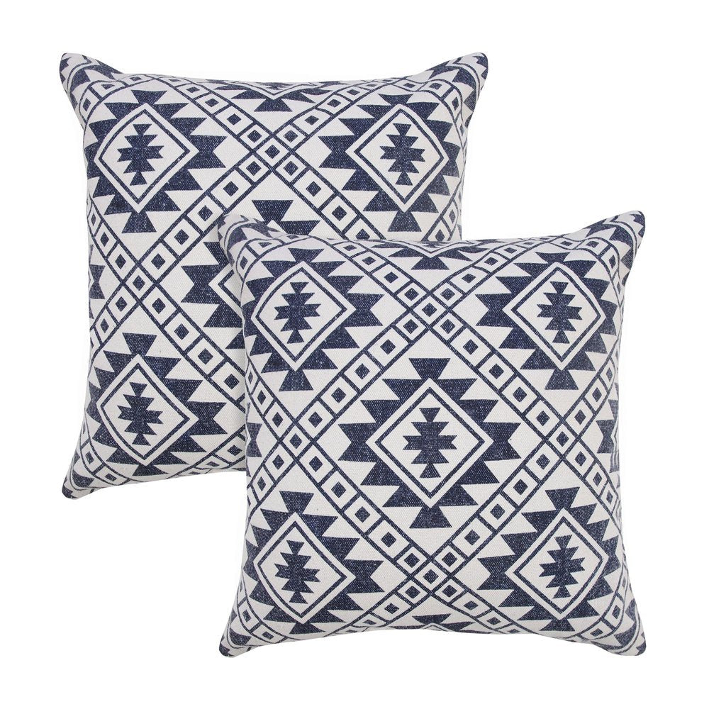 Set of Two 20" Navy Blue And Beige Geometric Cotton Throw Pillows — view 1