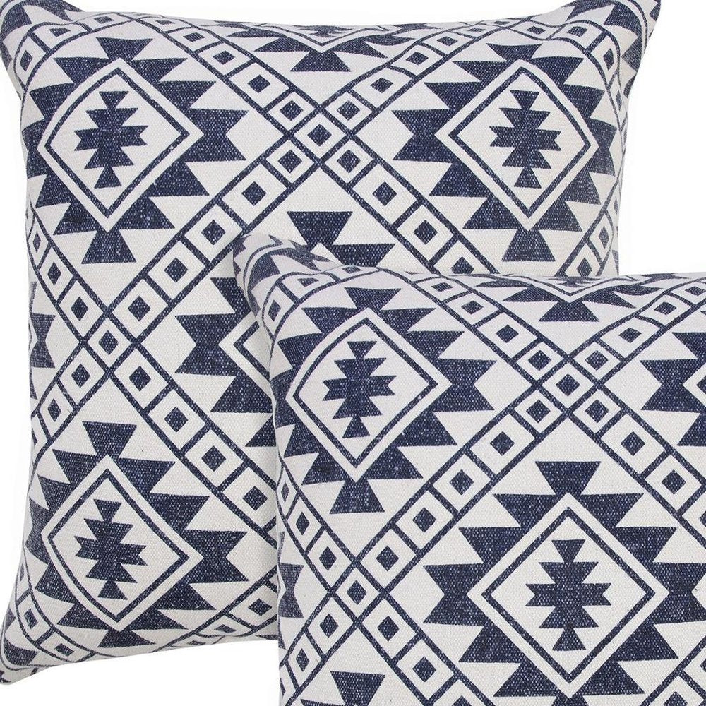 Set of Two 20" Navy Blue And Beige Geometric Cotton Throw Pillows — view 6