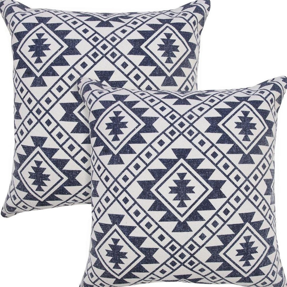 Set of Two 20" Navy Blue And Beige Geometric Cotton Throw Pillows