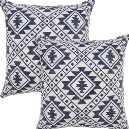 Set of Two 20" Navy Blue And Beige Geometric Cotton Throw Pillows