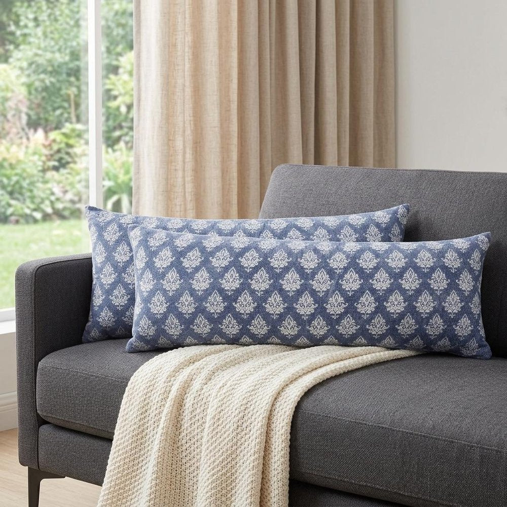 Set of Two 14" X 36" Blue And White Lumbar Damask Cotton Throw Pillows — view 7