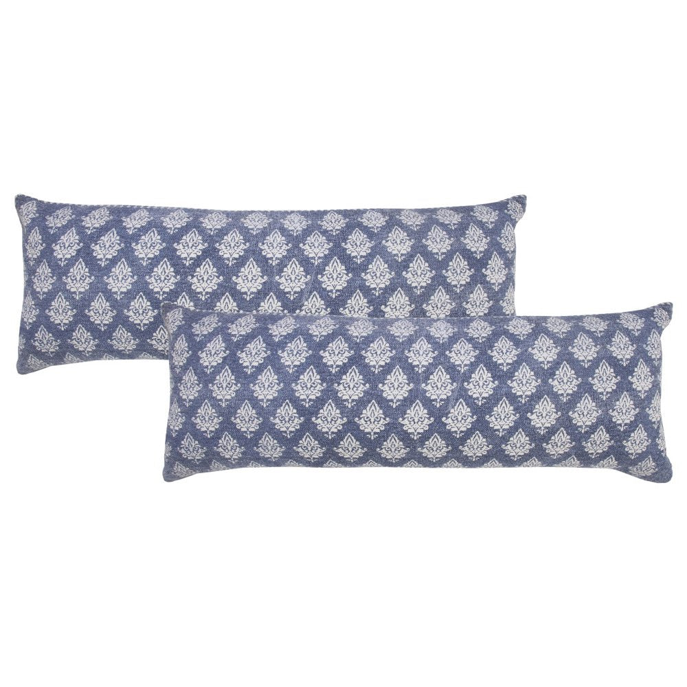 Set of Two 14" X 36" Blue And White Lumbar Damask Cotton Throw Pillows — view 1