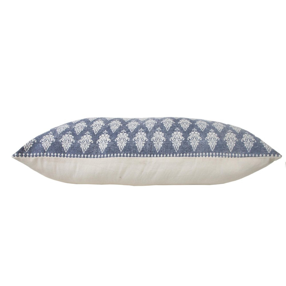 Set of Two 14" X 36" Blue And White Lumbar Damask Cotton Throw Pillows
