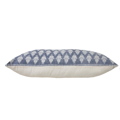 Set of Two 14" X 36" Blue And White Lumbar Damask Cotton Throw Pillows