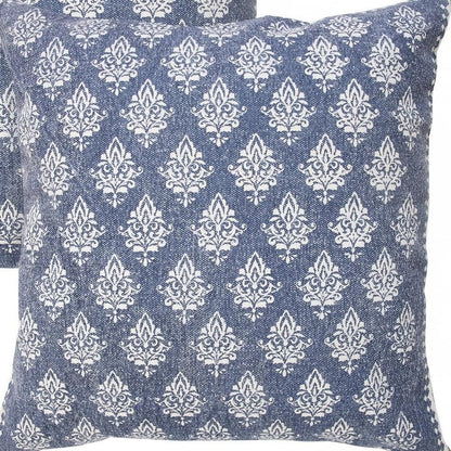 Set of Two 20" Blue And White Damask Cotton Throw Pillows