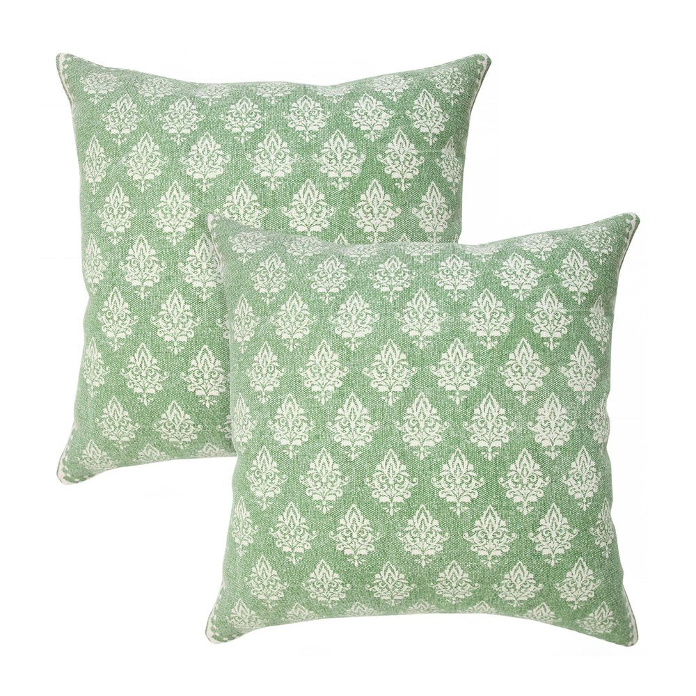 Set of Two 20" Green And Off White Damask Cotton Throw Pillows — view 1