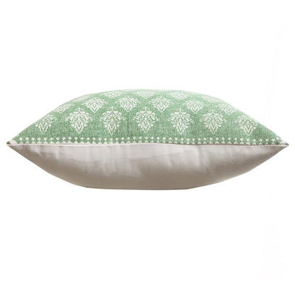 Set of Two 20" Green And Off White Damask Cotton Throw Pillows