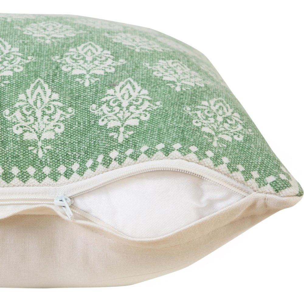 Set of Two 20" Green And Off White Damask Cotton Throw Pillows — view 3