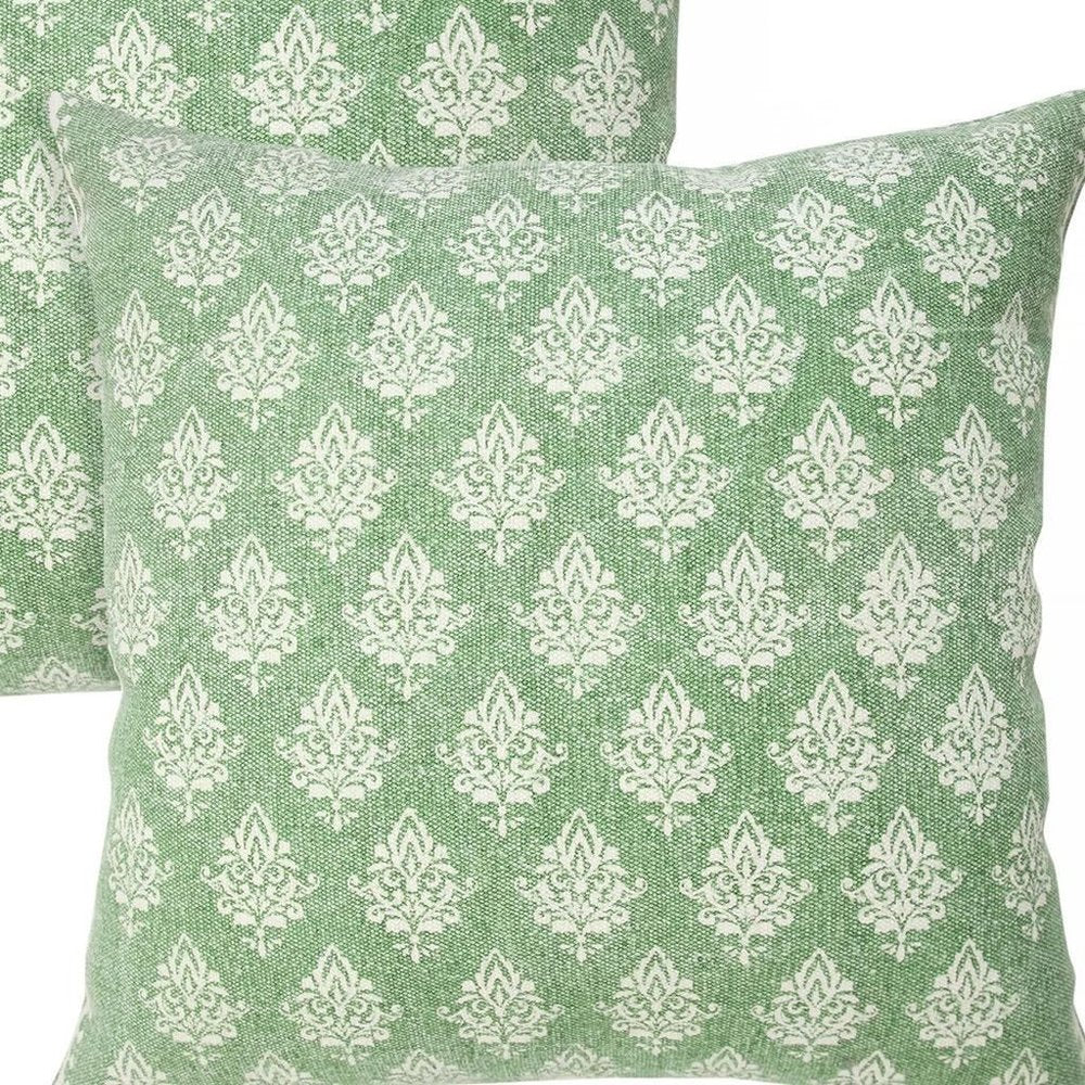 Set of Two 20" Green And Off White Damask Cotton Throw Pillows