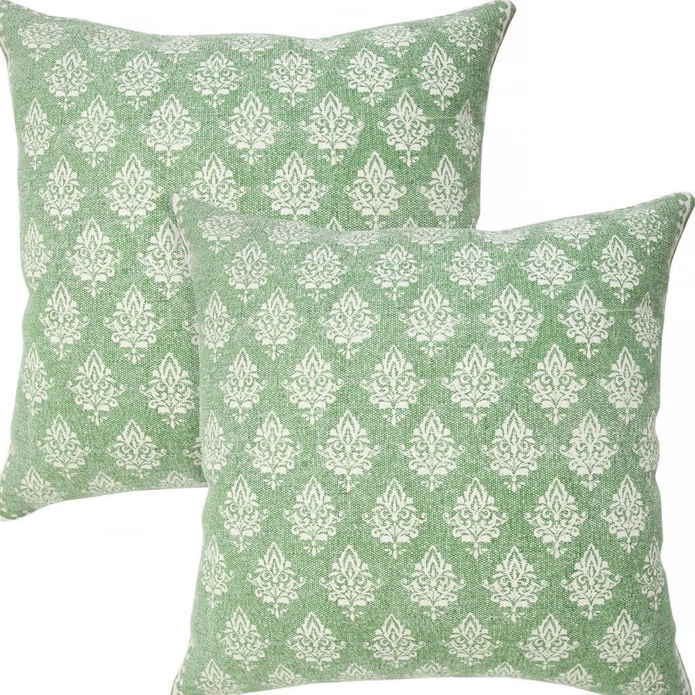 Set of Two 20" Green And Off White Damask Cotton Throw Pillows — view 7