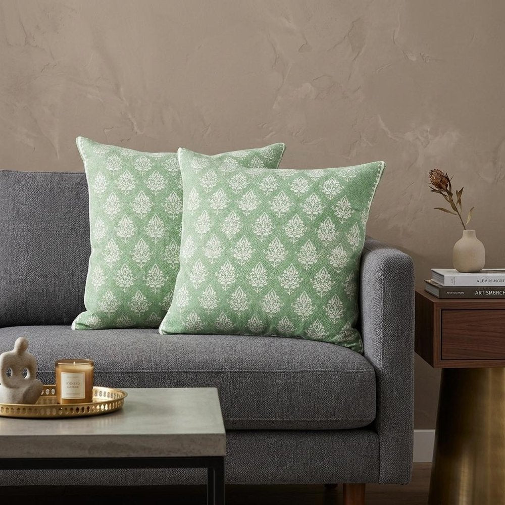 Set of Two 20" Green And Off White Damask Cotton Throw Pillows — view 8