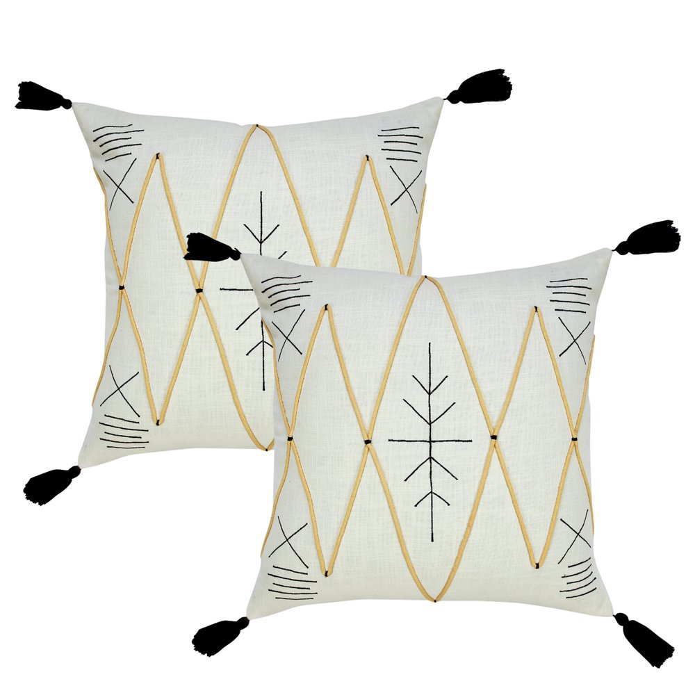 Set of Two 20" Off White Black And Ochre Geometric Cotton Throw Pillows — view 1
