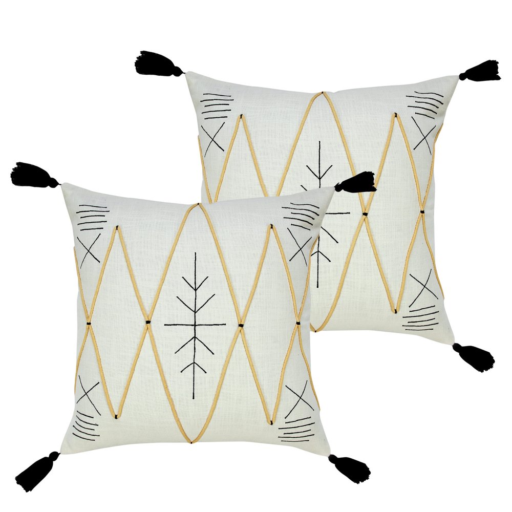 Set of Two 20" Off White Black And Ochre Geometric Cotton Throw Pillows