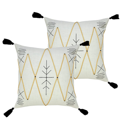 Set of Two 20" Off White Black And Ochre Geometric Cotton Throw Pillows