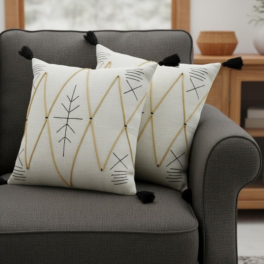 Set of Two 20" Off White Black And Ochre Geometric Cotton Throw Pillows — view 3
