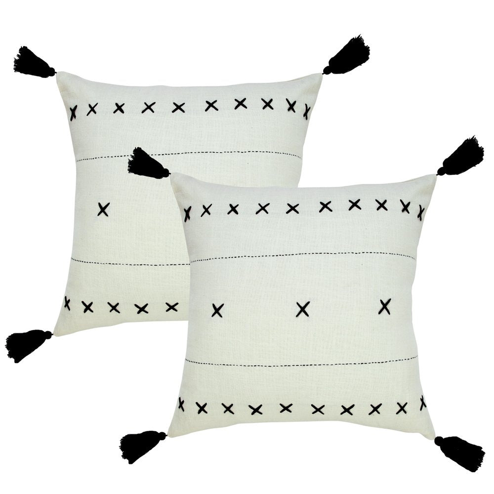 Set of Two 20" Off White And Black Geometric Cotton Throw Pillows with Tassels — view 1