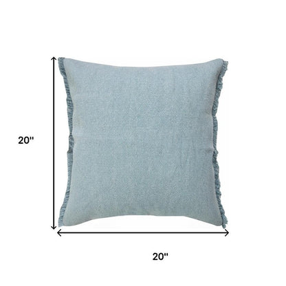Set of Two 20" Blue Cotton Throw Pillows with Fringe