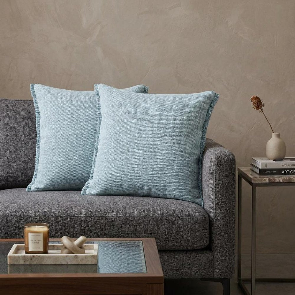 Set of Two 20" Blue Cotton Throw Pillows with Fringe — view 8