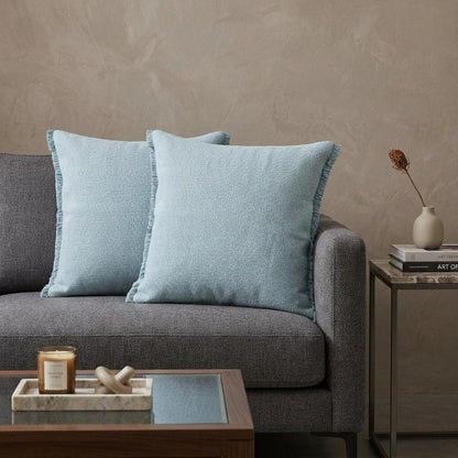 Set of Two 20" Blue Cotton Throw Pillows with Fringe
