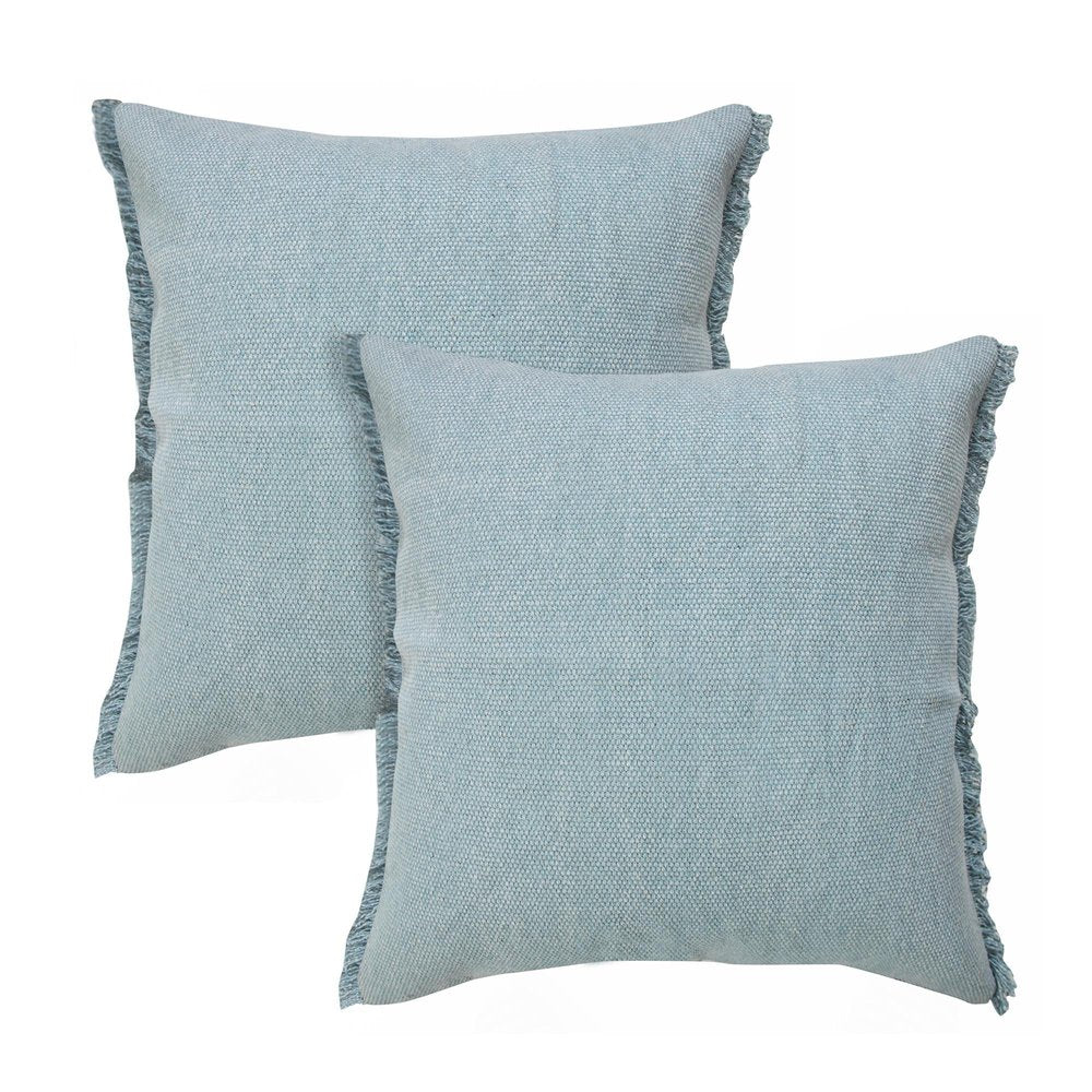 Set of Two 20" Blue Cotton Throw Pillows with Fringe — view 1