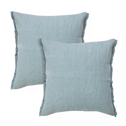 Set of Two 20" Blue Cotton Throw Pillows with Fringe