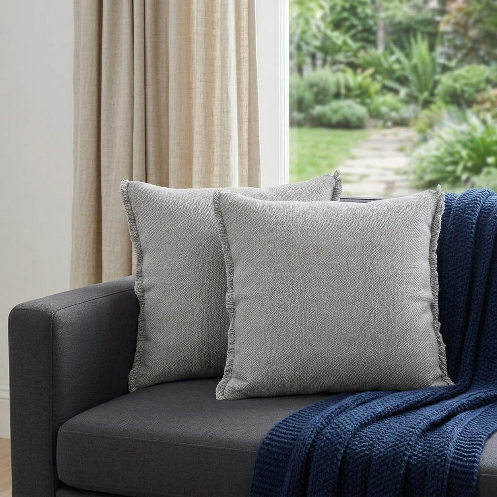 Set of Two 20" Gray Cotton Throw Pillows with Fringe — view 7