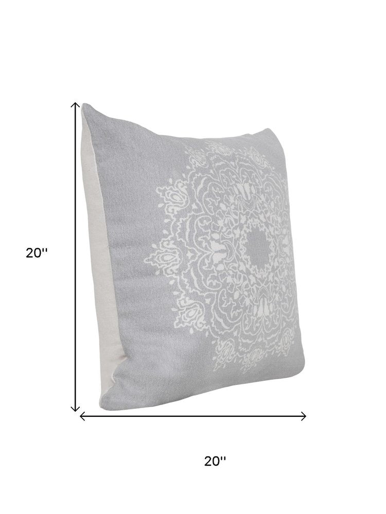 Set of Two 20" Gray And Off White Medallion Cotton Throw Pillows