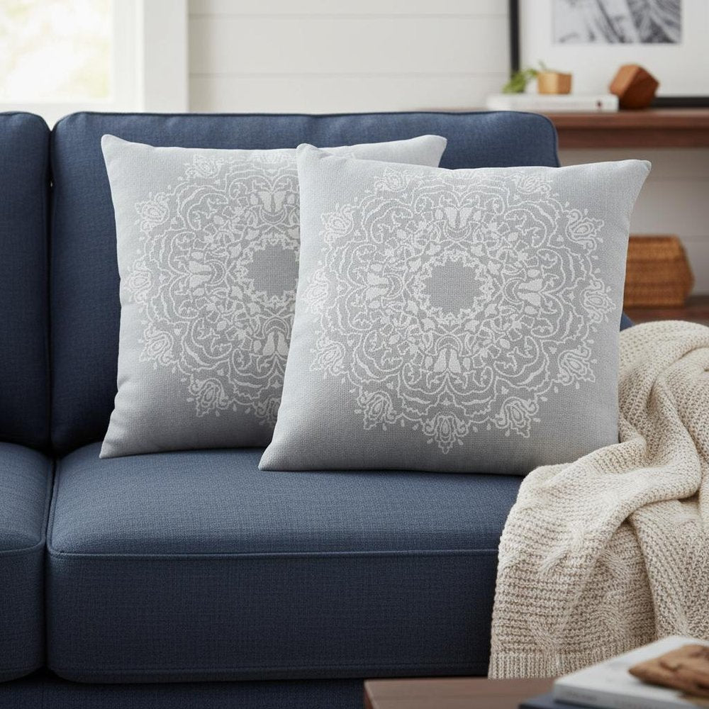 Set of Two 20" Gray And Off White Medallion Cotton Throw Pillows — view 9