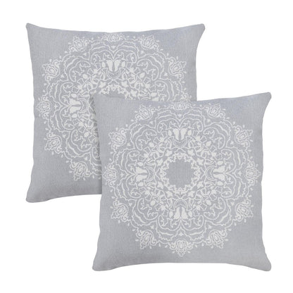 Set of Two 20" Gray And Off White Medallion Cotton Throw Pillows
