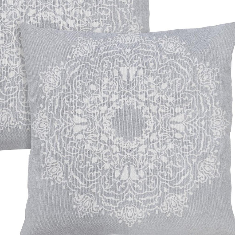 Set of Two 20" Gray And Off White Medallion Cotton Throw Pillows