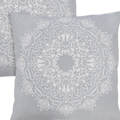 Set of Two 20" Gray And Off White Medallion Cotton Throw Pillows